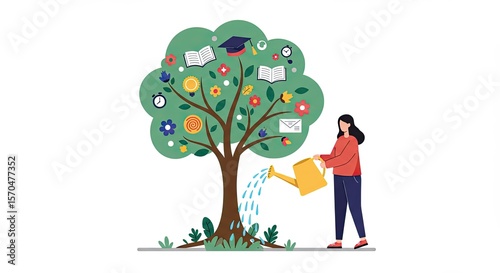 Woman watering education tree with knowledge symbols and growth concept