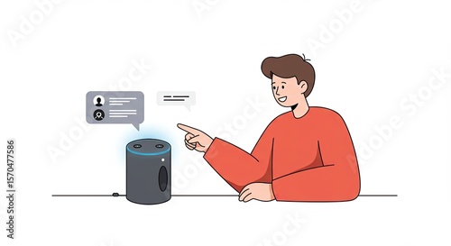 Young man interacting with smart speaker device in a modern setting illustration