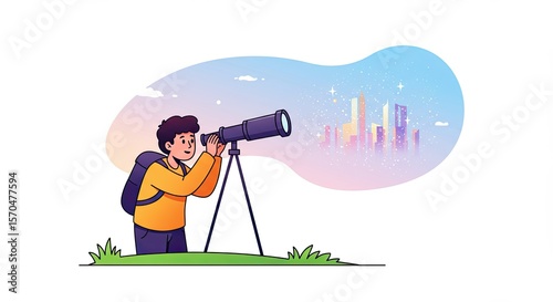Young explorer observes a futuristic city with a telescope illustration