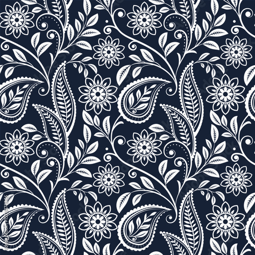 Seamless paisley floral pattern with vintage decorative design and retro textile style