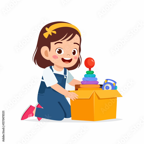 Joyful Playtime: A young girl radiates pure delight as she delves into a box overflowing with colorful toys, her eyes sparkling with excitement and anticipation.