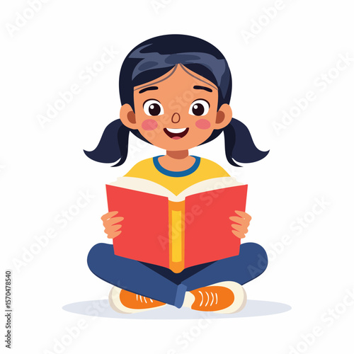 Happy Reader Girl: A cheerful young girl with dark hair sits cross-legged, engrossed in a captivating red book. Her joyful expression radiates a love for reading.