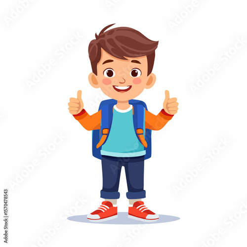 School Boy with a Backpack and Thumbs Up: A cheerful school boy wearing a backpack gives a thumbs up, exuding positivity and readiness for the school day. It is a symbol of encouragement and approval.