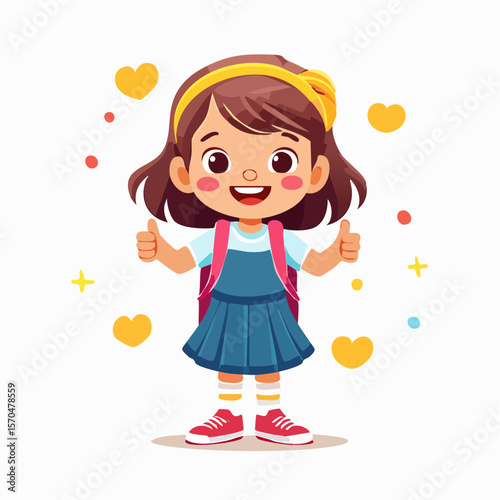 Girl with Backpack Giving Thumbs Up: A charming illustration features a young girl, beaming with positivity and holding up thumbs, accompanied by hearts, ready for the day's lessons. 