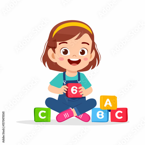 Playful Learning: A cheerful young girl sits amidst a colorful array of alphabet blocks, happily immersed in the joy of learning. It's a vibrant snapshot of a child's delight in discovery.
