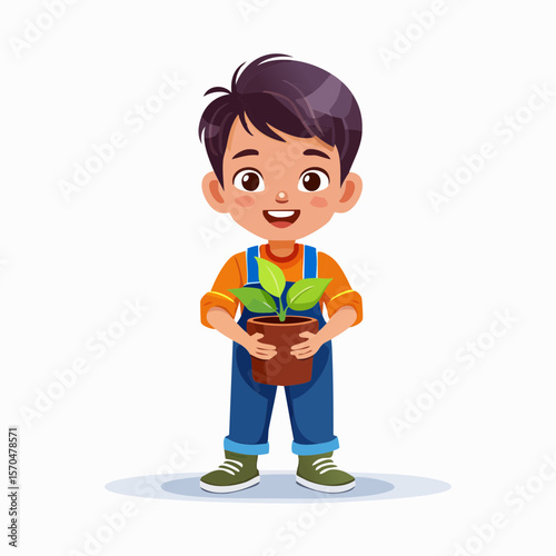 Young Gardener's Embrace: A charming young boy, full of joy, cradles a vibrant plant in a clay pot, symbolizing growth, care, and the beauty of nature.