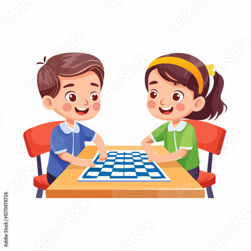 Chess Game Fun: Two children, a boy and a girl, deeply engrossed in a captivating game of chess. Seated at a wooden table, they are immersed in strategic planning.