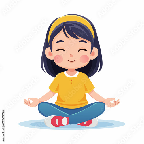 Serene Child Meditating: A young child finds inner peace through meditation, her eyes closed in a tranquil pose. It's a heart warming sight of a pure and peaceful inner state.