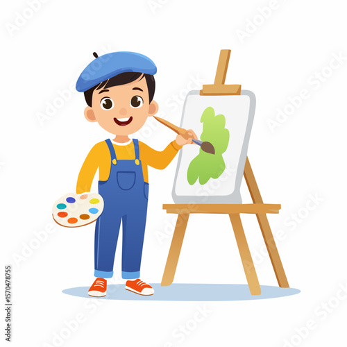Young Artist at Work: A cheerful young artist, adorned in a beret, meticulously paints on a canvas. The artist holds a palette, fully engaged in the creative process.