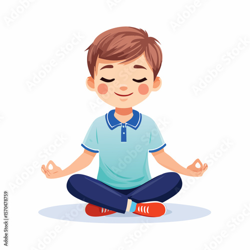 Inner Peace of a Young Boy: A young boy, eyes closed, sits serenely in the lotus position, radiating tranquility and mindfulness, demonstrating the essence of meditation and inner peace.