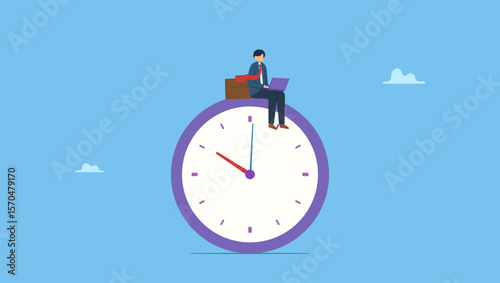 Businessman using laptop sitting on clock working at night with colleague in other country. Symbolizes after hours worker or freelancer, working late overtime or career that work in different time.