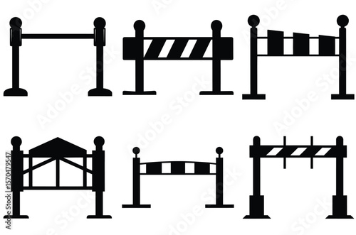 Collection of black silhouette barrier gates and stanchions on white background