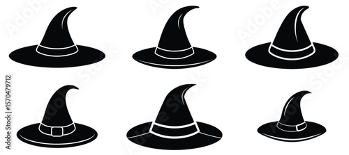 Set of six black witch hats with white bands and buckles on a white background