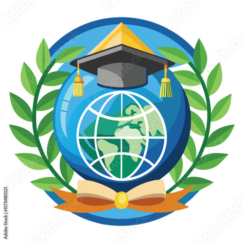 Global education emblem with graduation cap and laurel wreath silhouette