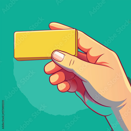 Hand holding a blank yellow rectangle in a stylized illustrative silhouette