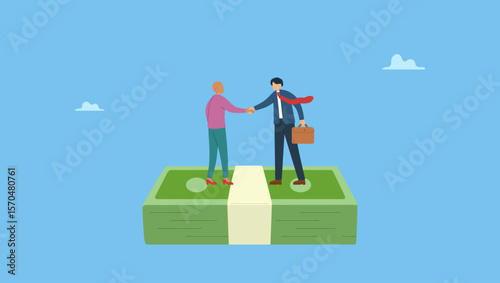 Business people handshake on pile of money banknote after finish agreement. Symbolizes salary negotiation, pay raise discussion or wages and benefit agreement, business deal or merger and acquisition.