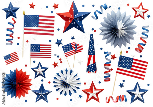 Festive Assortment of Patriotic Decorations on Transparent Background