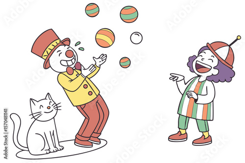 Happy Circus Clowns Juggling Balls with a Cat