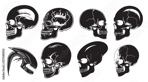 Silhouettes Human and alien skulls , black silhouettes isolated on white background
