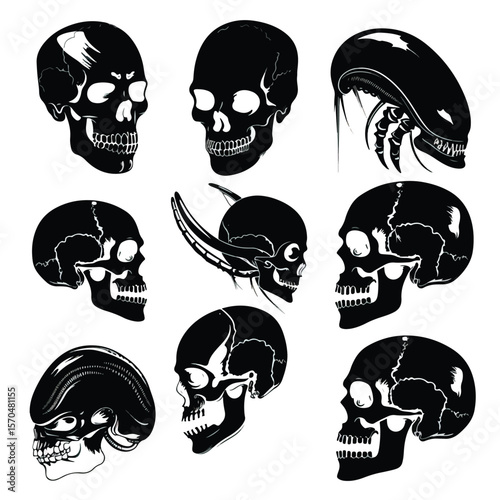Silhouettes Human and alien skulls , black silhouettes isolated on white background