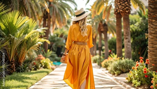 Wallpaper Mural Woman in yellow dress walking in a tropical garden Torontodigital.ca