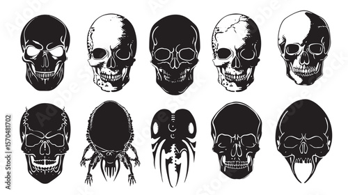 Silhouettes Human and alien skulls , black silhouettes isolated on white background