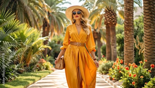 Wallpaper Mural a stylish woman in yellow dress walking along a tropical pathway lined with palm tree Torontodigital.ca