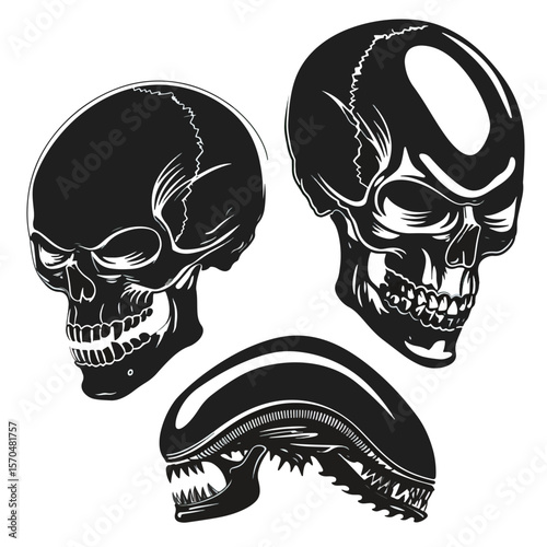 Silhouettes Human and alien skulls , black silhouettes isolated on white background