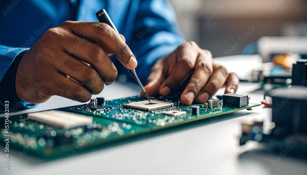 Fototapeta premium Focused close-up of an African American engineer's hands repairing a green computer motherboard with a precision tool in a high-tech electronics lab or workshop.