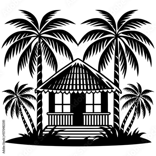 Tropical bungalow with palm trees silhouette on white background