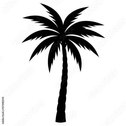 Black silhouette of a tall palm tree with green fronds against a white background