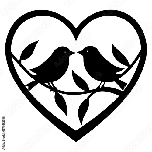 Two black birds perched on a branch inside a heart shape
