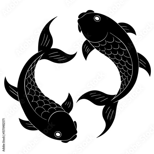 Two stylized black koi fish swimming in a circular pattern against a white background