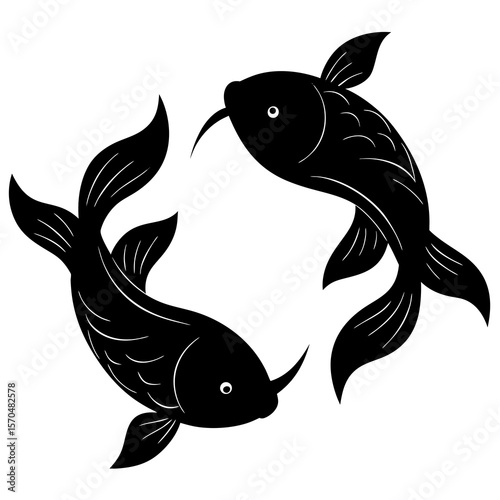 Two black stylized fish swimming in a circular pattern against a white background