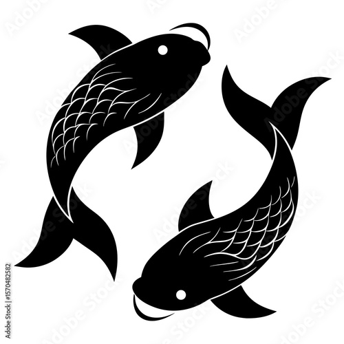 Stylized black silhouette of two pisces zodiac sign fish swimming in a circle