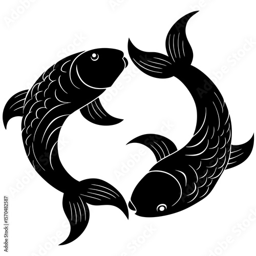 Two stylized black fish swimming in a circular pattern on a white background