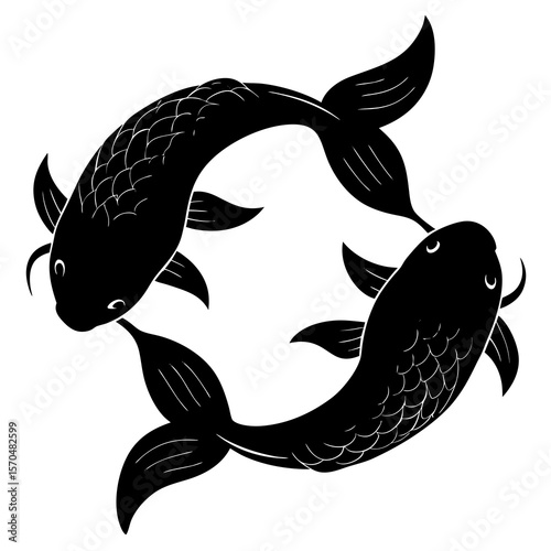 Two stylized black koi fish swimming in a circular yin yang pattern