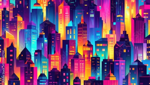 Vibrant Colorful Neon Cityscape Illustration