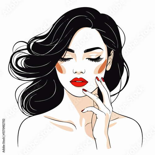 Beautiful sexy face, red lips, hand with red manicure nails, fashion woman, element design, nails studio, curly hairstyle, hair salon sign, icon. Beauty Logo. EPS 10 version.