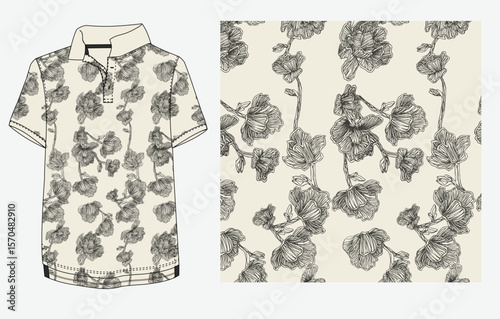 Seamless floral pattern with hand-drawn black outline flowers on a cream background, ideal for polo shirts, fabric prints, and premium textile design. elegance to menswear and resort wear collections