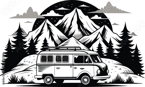 Vintage Camper Van in Mountain Landscape Illustration
