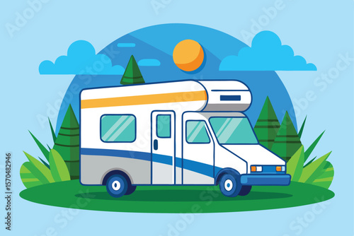 Family Camper Van Vacation Road Trip Illustration