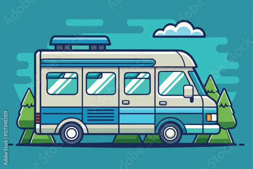Retro Camper Van Illustration in a Scenic Forest Setting