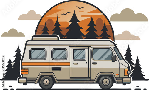 Retro Camper Van in Forest Sunset Landscape Illustration