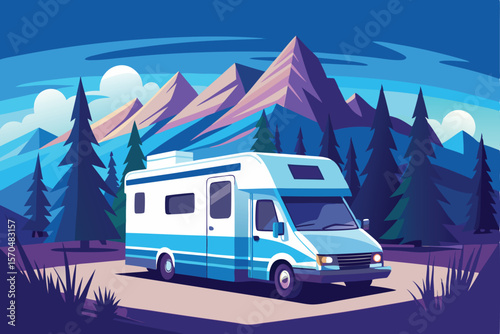 Motorhome Campervan Parked in Mountain Landscape