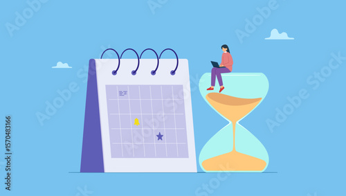 Businesswoman working with laptop on sandglass and calendar date. Symbolizes deadline to finish work, time countdown to launch date, reminder or planner, organize work or project management.