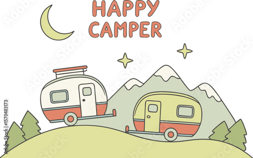 Happy Camper Illustration Two Retro Trailers in Mountains