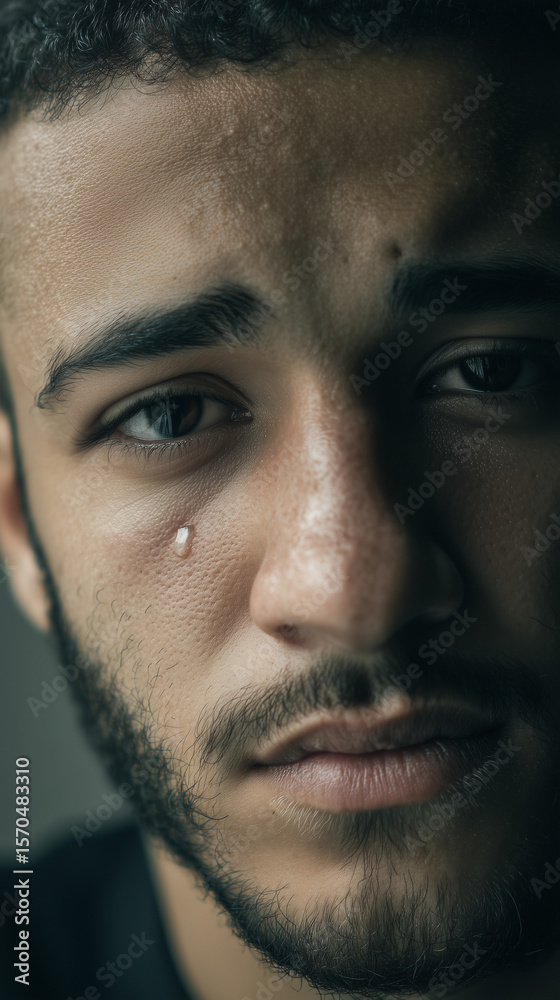 Obraz premium a close-up portrait of a 20-year-old Middle Eastern man with expressive, sorrowful eyes, short hair, light beard, looking directly at the camera, subtle tear in the eye