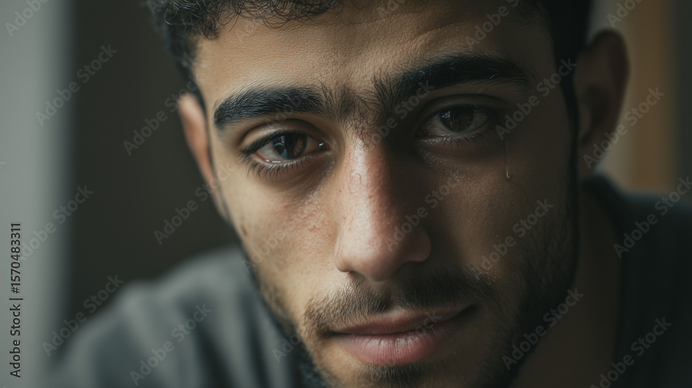 Obraz premium a close-up portrait of a 20-year-old Middle Eastern man with expressive, sorrowful eyes, short hair, light beard, looking directly at the camera, subtle tear in the eye