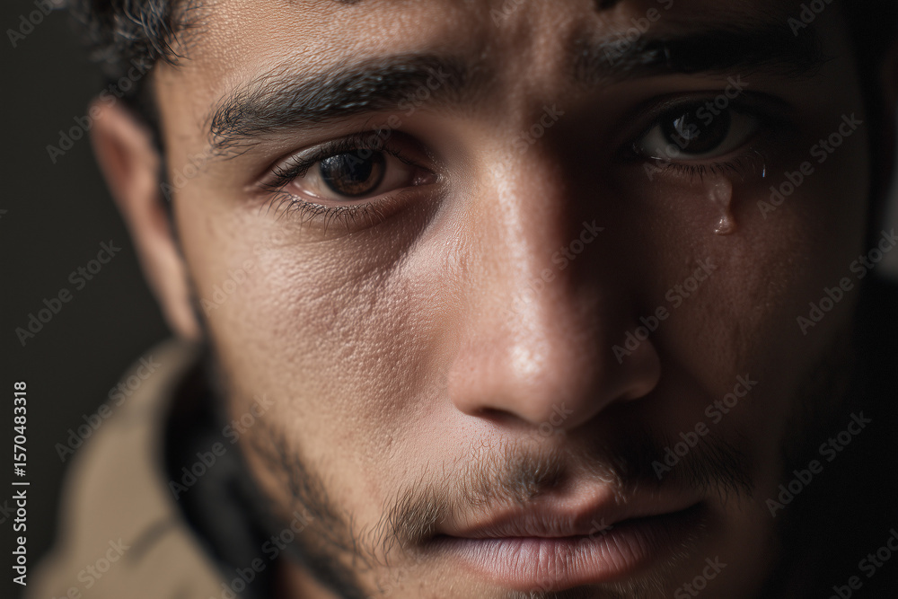 Fototapeta premium a close-up portrait of a 20-year-old Middle Eastern man with expressive, sorrowful eyes, short hair, light beard, looking directly at the camera, subtle tear in the eye